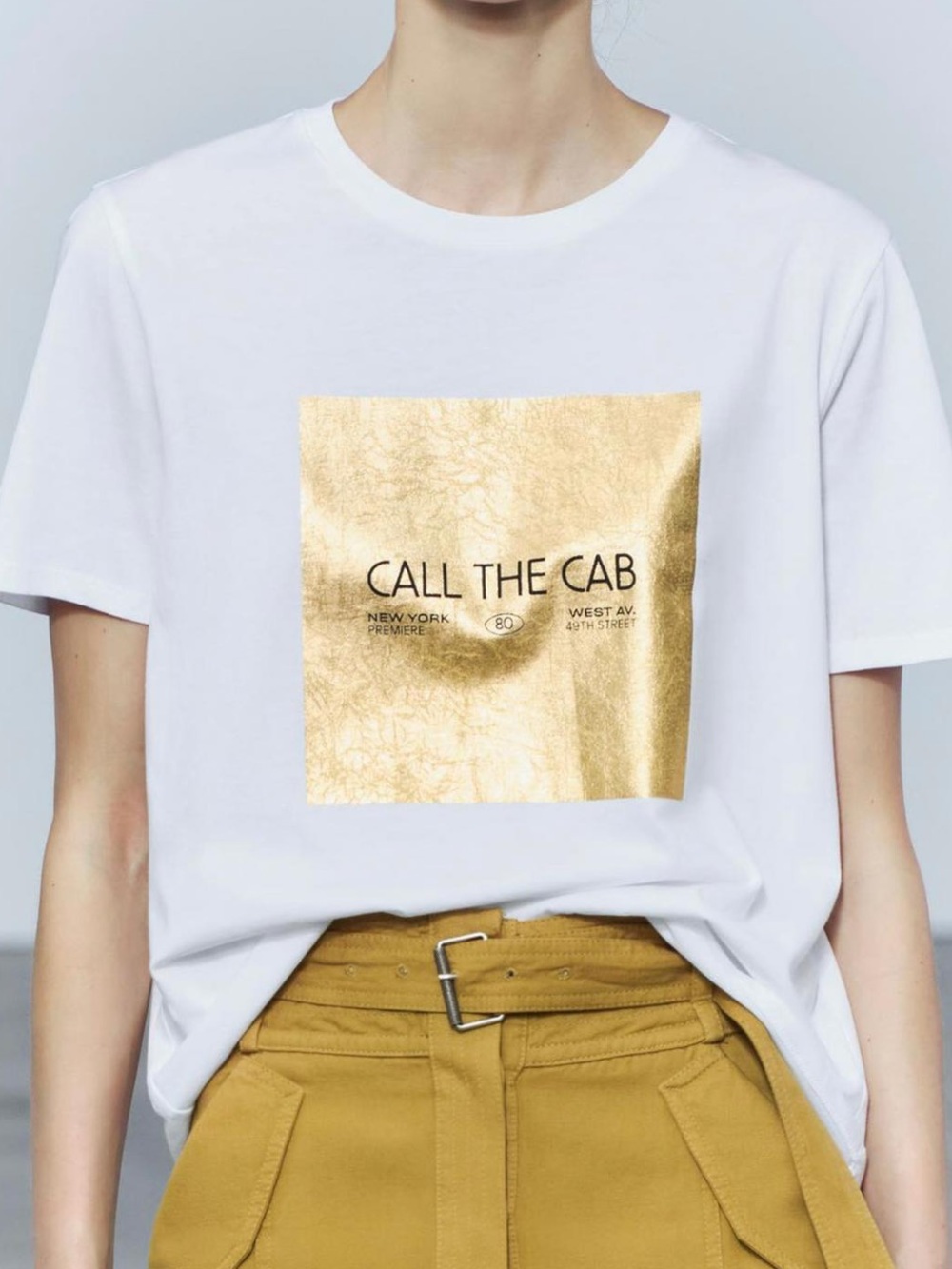Zara White Graphic Tee with Metallic Gold Square "CALL THE CAB"